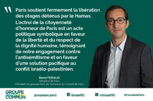 Lire la suite à propos de l’article Citoyenneté d’honneur de la Ville de Paris attribuée aux otages du Hamas